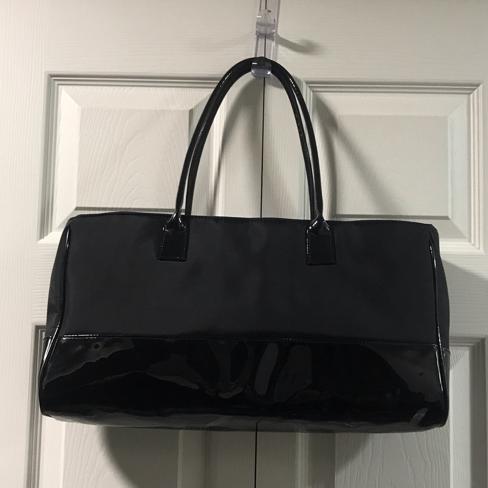 Estée Lauder Black Patent Leather and Fabric Handbag